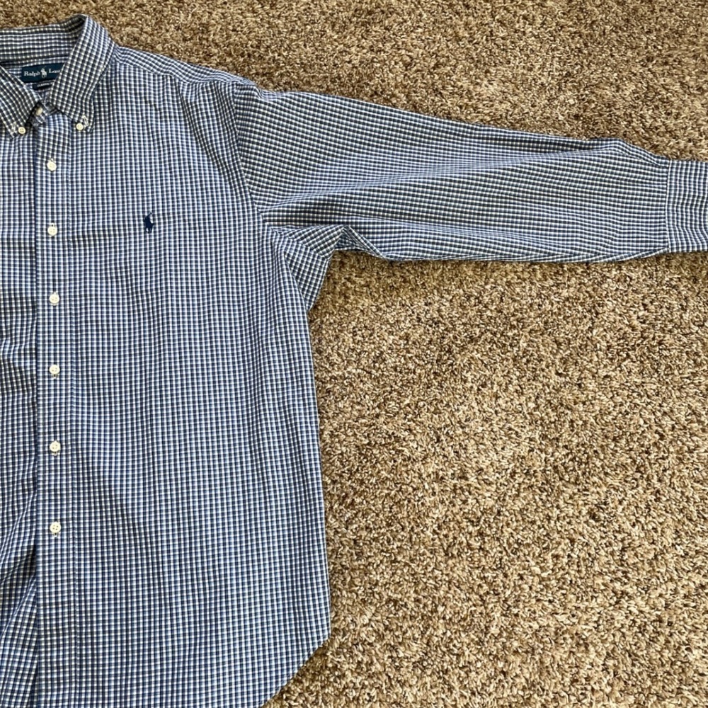 Ralph Lauren Mens Classic Fit Gingham Button Down Shirt Blue Size 17.5 34/35 - Picture 5 of 12